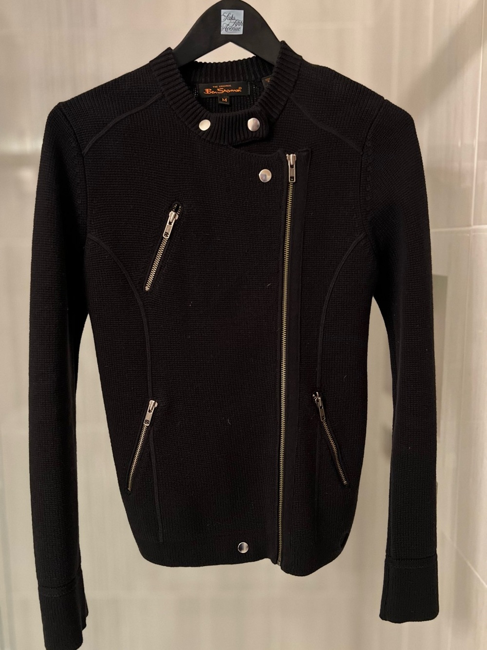 Ben Sherman 100% Cotton Asymmetric Moto Biker Jacket Sweater Zipper Black